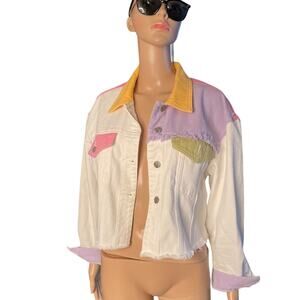 Vigoss Jean Jacket Womens Small Casual Colorblock Denim Frayed Hem Cropped White